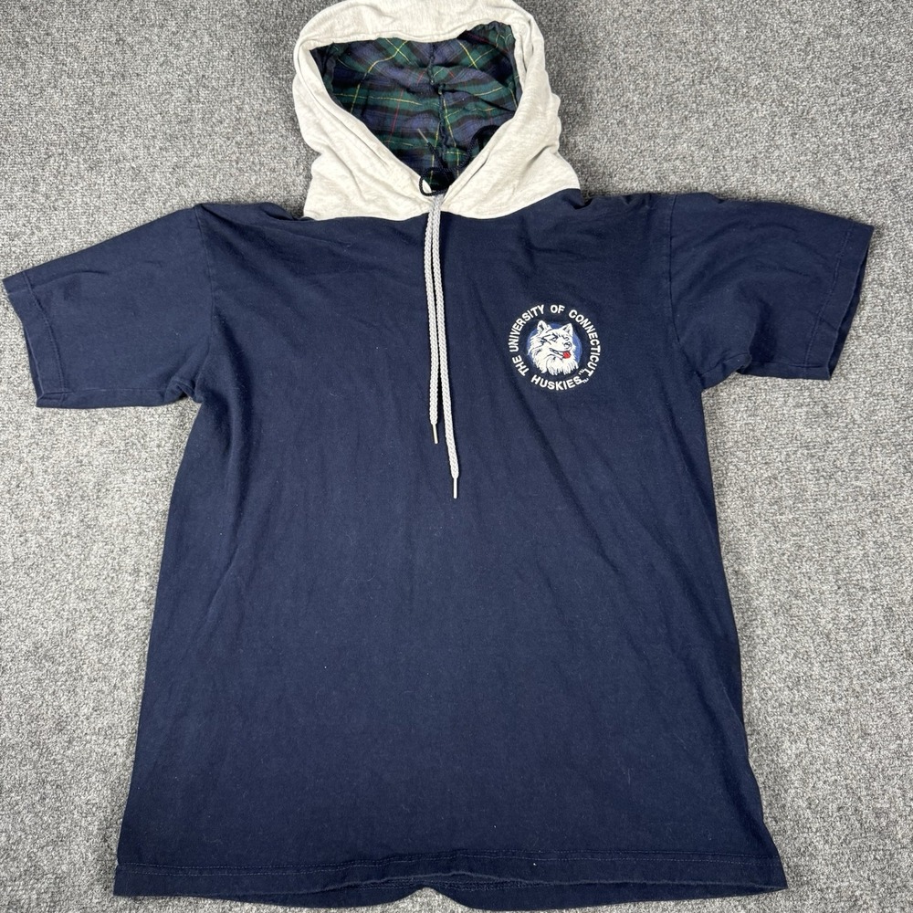 Vintage UCONN Huskies Hooded T-Shirt Navy Plaid Lined Graphic Short Sleeve L 90s